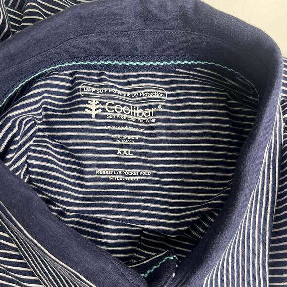 Coolibar Mens Merrit Long Sleeve Pocket Polo Shirt Blue White Striped UPF50‎ NWT - Picture 3 of 13
